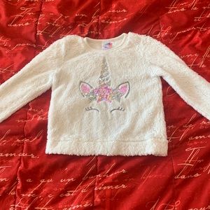 Girls, white fuzzy, unicorn glitter, size 7 shirt